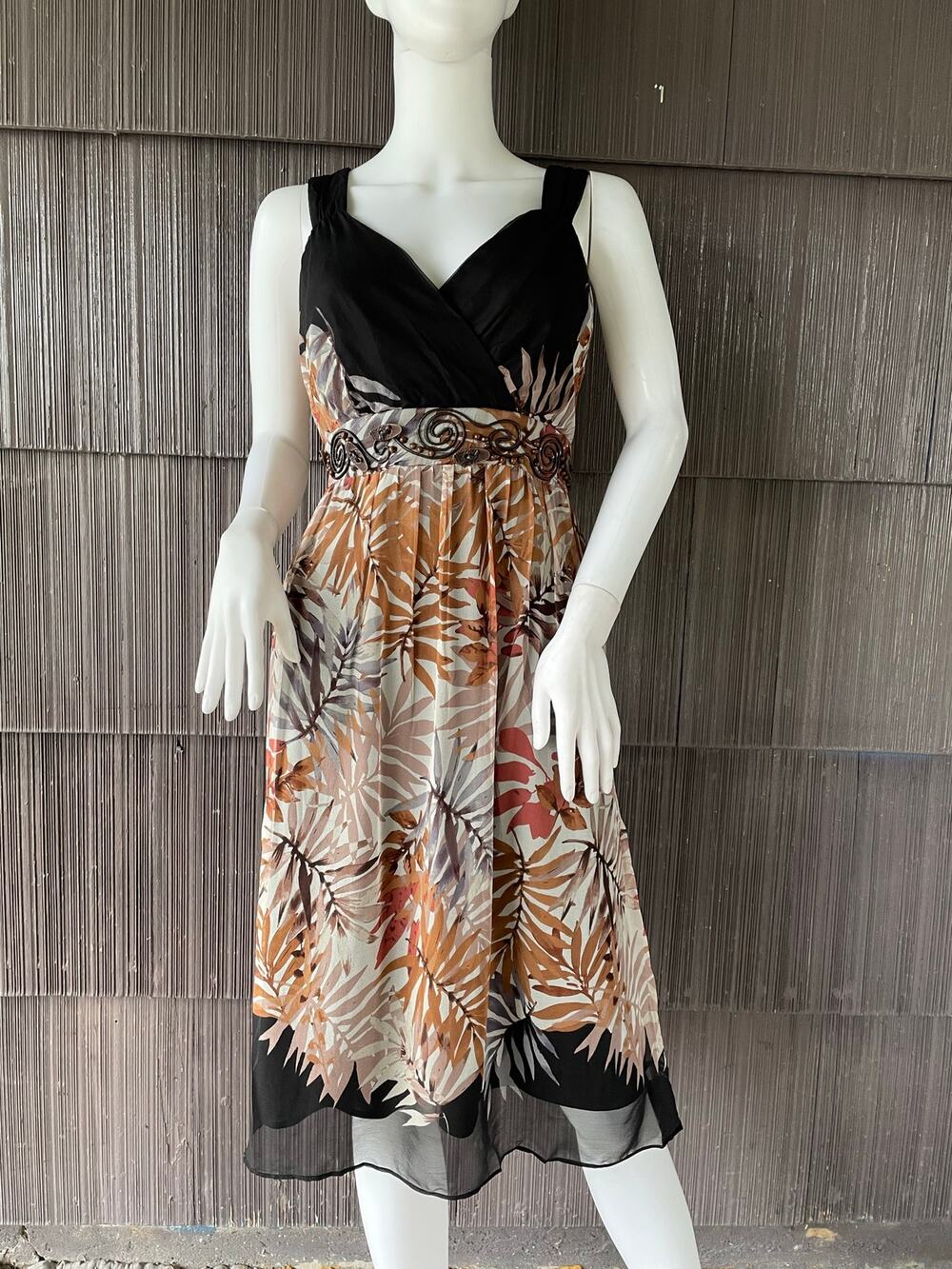 🔥Coldwater Creek Y2K silk leaf tropical print sleeveless midi dress boho resort